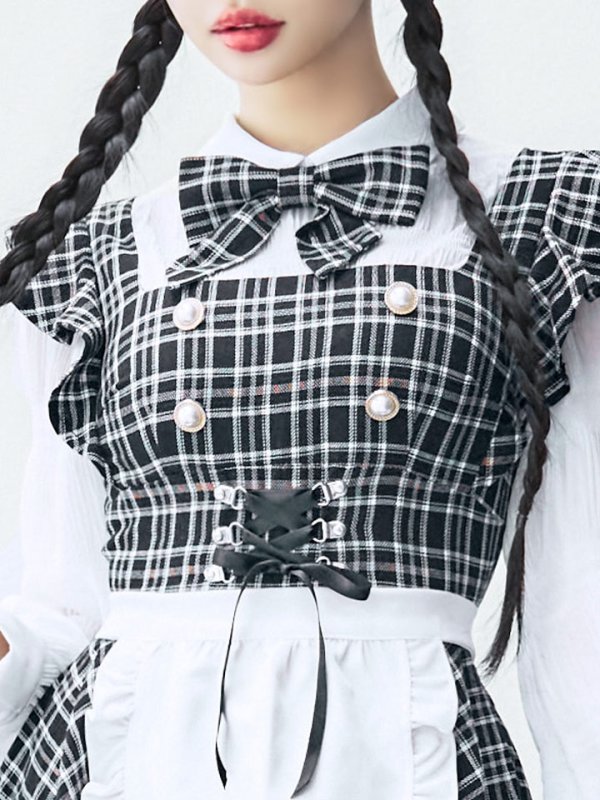 画像21: 【SALE!!】【即日発送！】【ハロウィン】ブラックチェックメイドワンピース 【コスプレ5点セット】[OF04]