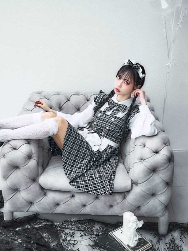 画像5: 【SALE!!】【即日発送！】【ハロウィン】ブラックチェックメイドワンピース 【コスプレ5点セット】[OF04]