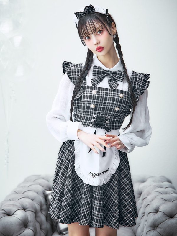 画像6: 【SALE!!】【即日発送！】【ハロウィン】ブラックチェックメイドワンピース 【コスプレ5点セット】[OF04]