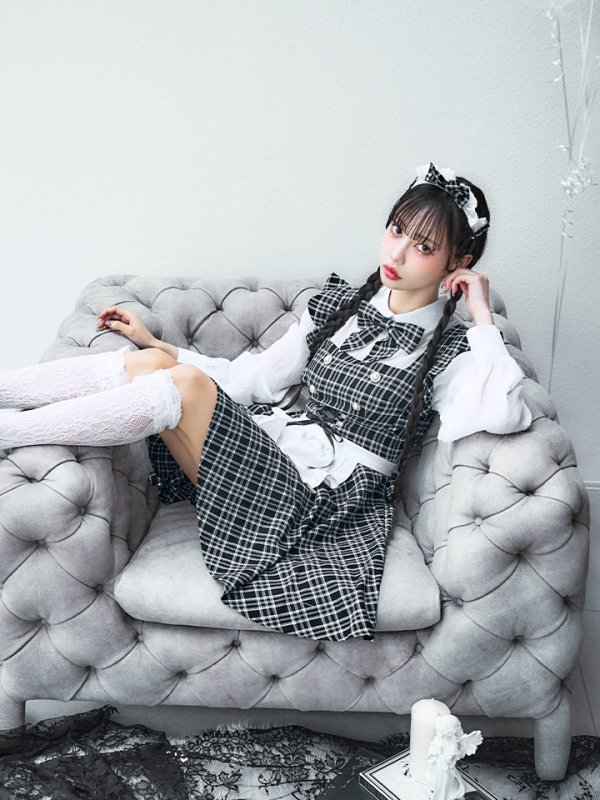 画像9: 【SALE!!】【即日発送！】【ハロウィン】ブラックチェックメイドワンピース 【コスプレ5点セット】[OF04]