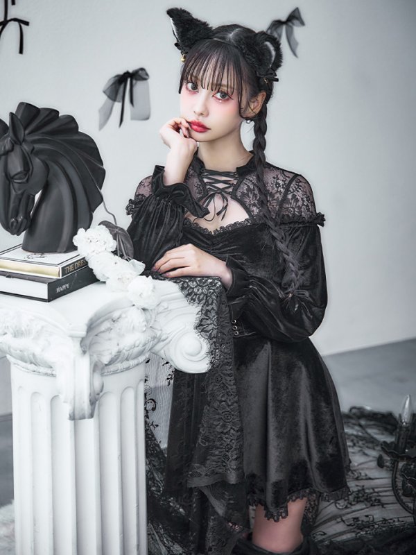 画像1: 【即日発送！】【ハロウィン】ブラックキャットベロアワンピース 【コスプレ3点セット】[YMT]