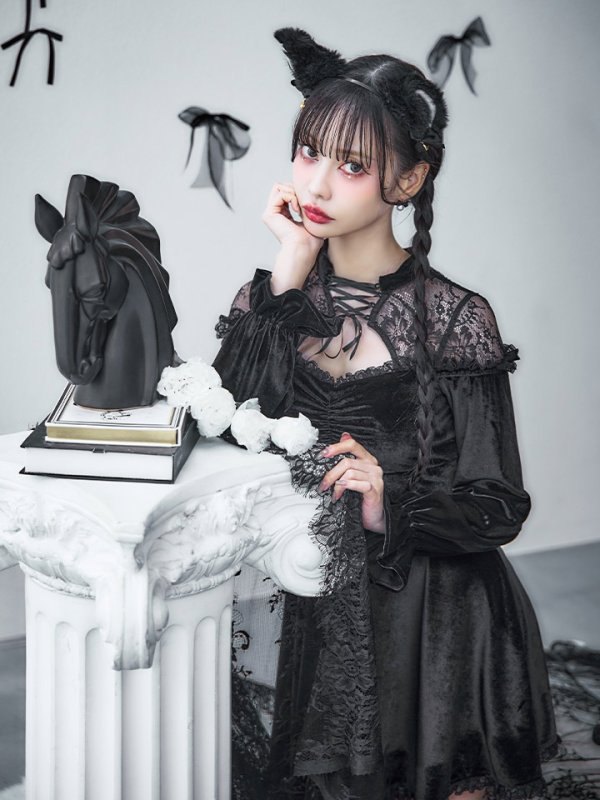 画像13: 【SALE!!】【即日発送！】【ハロウィン】ブラックキャットベロアワンピース 【コスプレ3点セット】[OF04]