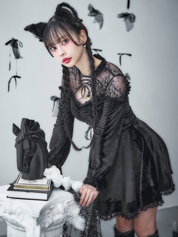 画像15: 【SALE!!】【即日発送！】【ハロウィン】ブラックキャットベロアワンピース 【コスプレ3点セット】[OF04]