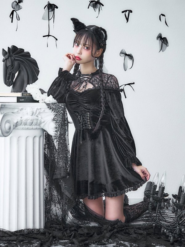 画像3: 【SALE!!】【即日発送！】【ハロウィン】ブラックキャットベロアワンピース 【コスプレ3点セット】[OF04]