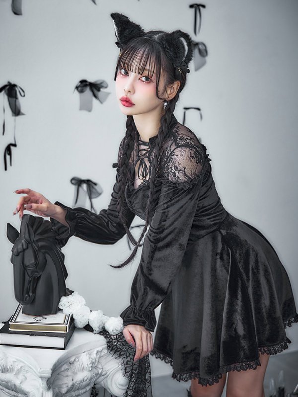 画像5: 【SALE!!】【即日発送！】【ハロウィン】ブラックキャットベロアワンピース 【コスプレ3点セット】[OF04]