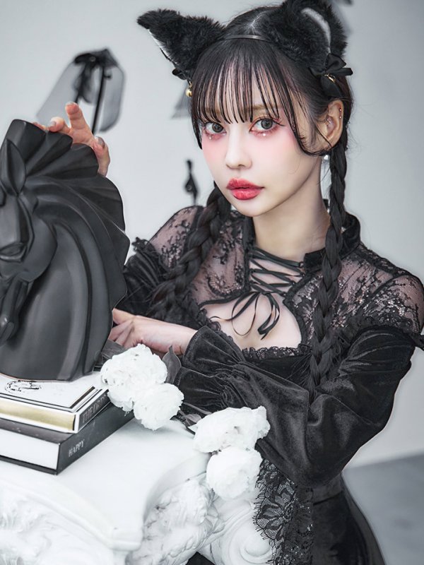 画像6: 【SALE!!】【即日発送！】【ハロウィン】ブラックキャットベロアワンピース 【コスプレ3点セット】[OF04]