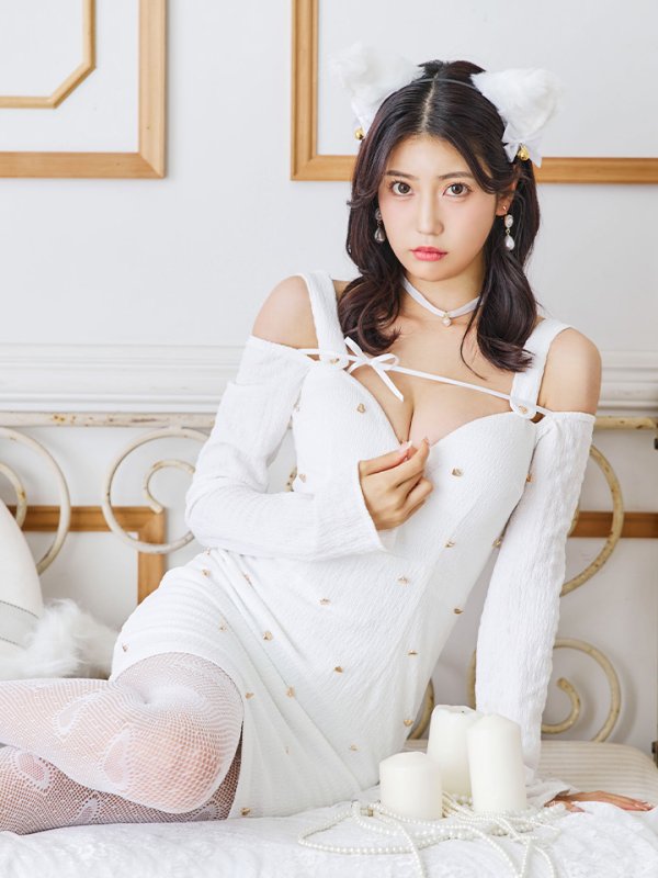 画像1: 【即日発送！】【ハロウィン】キャットスタッズオフショルワンピース 【コスプレ4点セット】【XS-XLサイズ/２カラー】[YMT]
