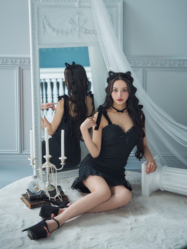 画像12: 【SALE!!】【ハロウィン】ドットレースベビードールワンピース 【コスプレ3点セット】【XS-Lサイズ/1カラー】[OF01]