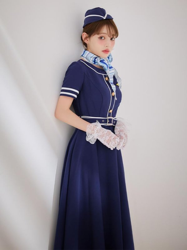 画像1: 【即日発送！】【ハロウィン】CAロングフレアワンピース 【コスプレ5点セット】 【S-XLサイズ/1カラー】[OF01]