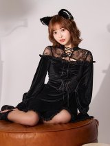 【即日発送！】【ハロウィン】ブラックキャットベロアワンピース 【コスプレ3点セット】[OF01]