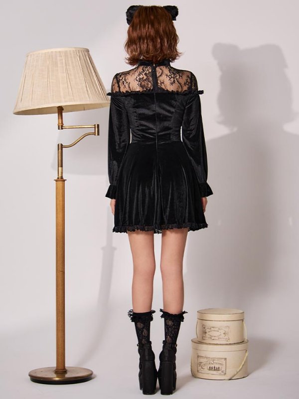 画像12: 【SALE!!】【即日発送！】【ハロウィン】ブラックキャットベロアワンピース 【コスプレ3点セット】[HC03]