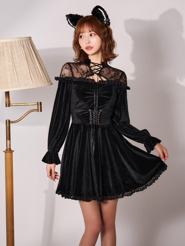画像5: 【SALE!!】【即日発送！】【ハロウィン】ブラックキャットベロアワンピース 【コスプレ3点セット】[HC03]