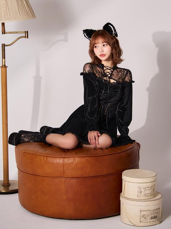 画像6: 【SALE!!】【即日発送！】【ハロウィン】ブラックキャットベロアワンピース 【コスプレ3点セット】[HC03]