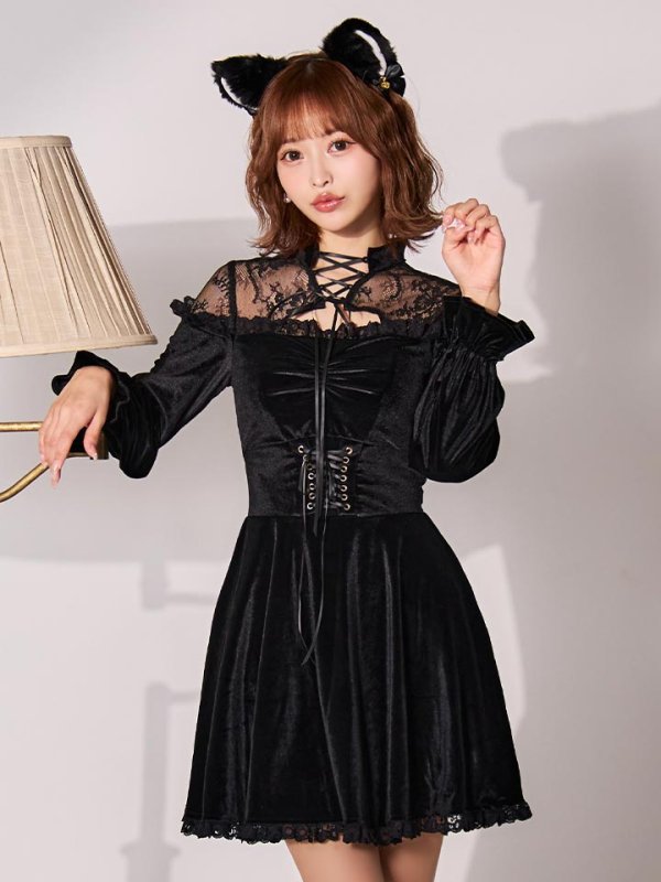 画像8: 【SALE!!】【即日発送！】【ハロウィン】ブラックキャットベロアワンピース 【コスプレ3点セット】[HC03]