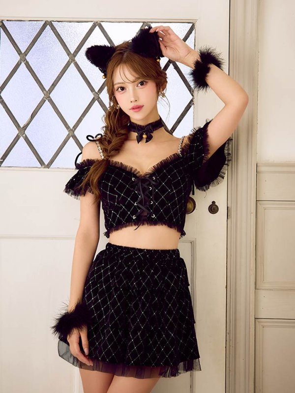 画像9: 【即日発送】【ハロウィン】キャットオフショルビジューセットアップ【コスプレ6点セット】【XS-Lサイズ/3カラー】[HC03]