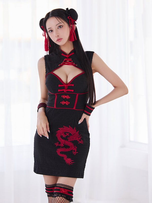 画像14: 【即日発送】【ハロウィン】シャーリングドラゴン刺繍タイトチャイナ【コスプレ4点セット】【XS-Lサイズ/1カラー】[HC03]