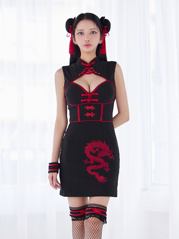 画像18: 【即日発送】【ハロウィン】シャーリングドラゴン刺繍タイトチャイナ【コスプレ4点セット】【XS-Lサイズ/1カラー】[HC03]