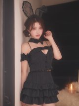 【送料無料！】【ハロウィン】ストライプオフショルダー ティアードバニーフリルリボン【コスプレ6点SET】【XS-Mサイズ】【予約/9月下旬発送予定】[OF03]ももか着用