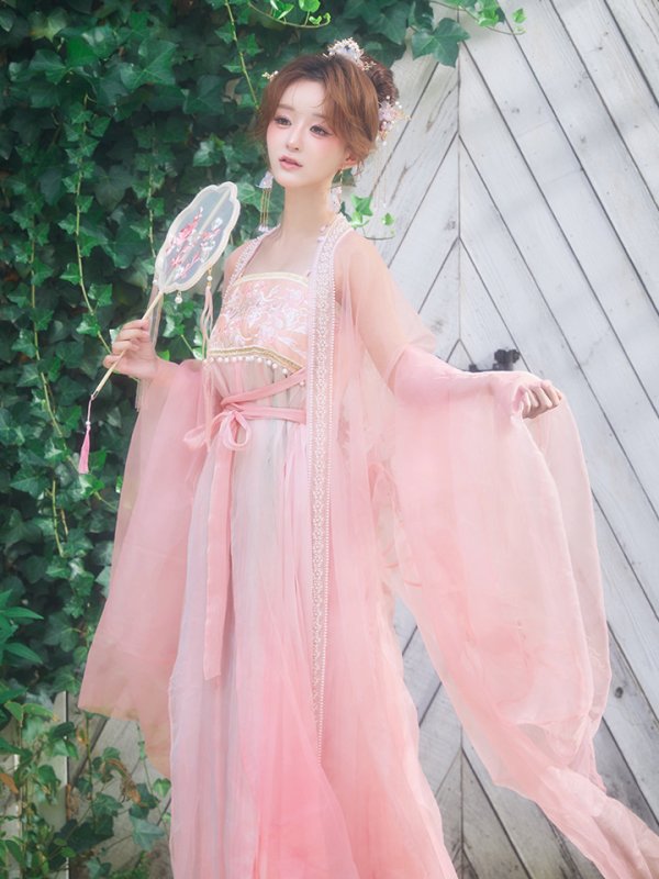 画像1: 【送料無料！】【ハロウィン】ピンク花刺繍ロングシフォン漢服セット【コスプレ4点SET】【Fサイズ】【一部予約/8月下旬発送予定】[OF03]