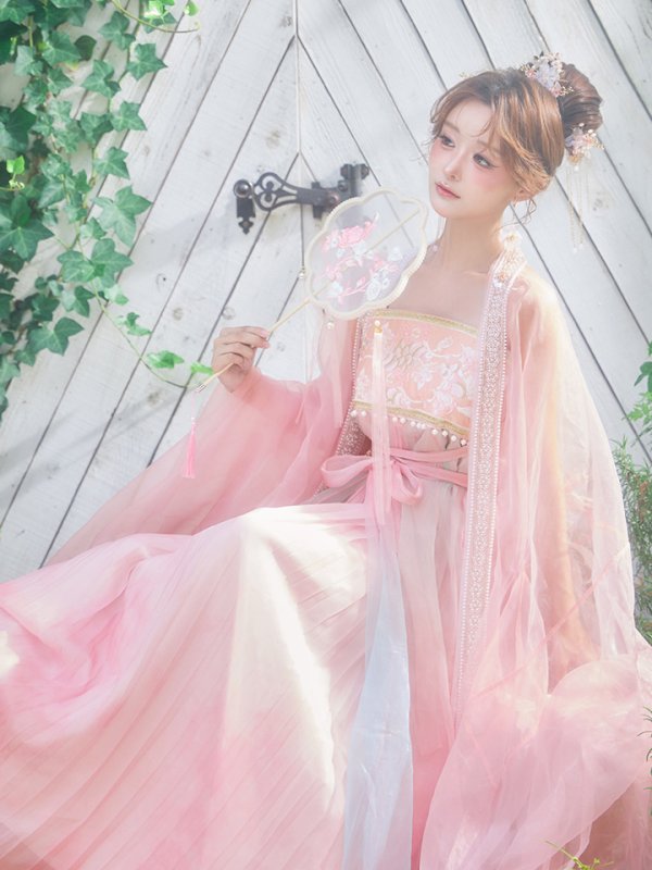 画像2: 【送料無料！】【ハロウィン】ピンク花刺繍ロングシフォン漢服セット【コスプレ4点SET】【Fサイズ】【一部予約/8月下旬発送予定】[OF03]