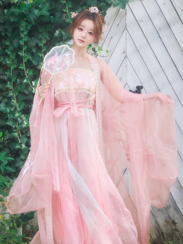 画像7: 【送料無料！】【ハロウィン】ピンク花刺繍ロングシフォン漢服セット【コスプレ4点SET】【Fサイズ】【一部予約/8月下旬発送予定】[OF03]