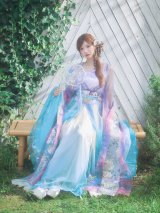 【一部予約商品/8月下旬発送予定】【送料無料！】【ハロウィン】ブルーグラデーション花刺繍ロングシフォン漢服セット【コスプレ5点SET】【Fサイズ】[OF03]
