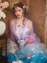 【即日発送】【送料無料！】【ハロウィン】ブルーグラデーション花刺繍ロングシフォン漢服セット【コスプレ5点SET】【Fサイズ】[OF03]明日花キララ着用