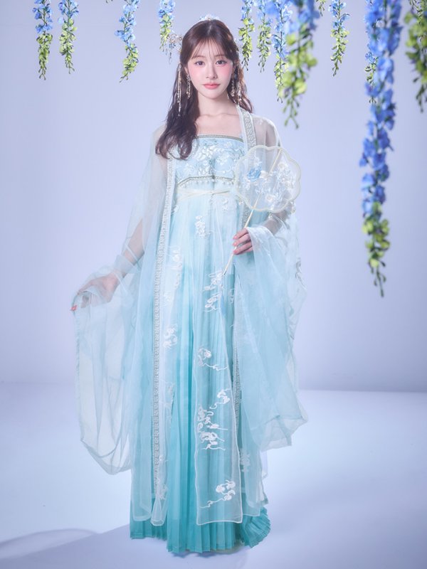 画像6: 【即日発送】【送料無料！】【ハロウィン】アイスブルー刺繍ロングシフォン漢服セット【コスプレ3点SET】【Fサイズ】[OF04]加藤美南着用