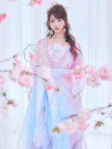 【一部予約商品/8月下旬発送予定】【送料無料！】【ハロウィン】ピンク×ブルー花刺繍ロングシフォン漢服セット【コスプレ4点SET】【Fサイズ】[OF03]