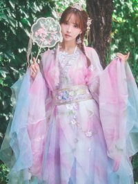 【即日発送】【送料無料！】【ハロウィン】ピンク×ブルー花刺繍ロングシフォン漢服セット/天女/織姫【コスプレ4点SET】【Fサイズ】[OF03]三上悠亜着用
