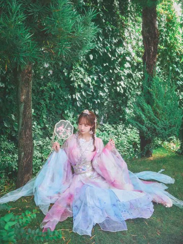画像25: 【一部予約商品/8月下旬発送予定】【送料無料！】【ハロウィン】ピンク×ブルー花刺繍ロングシフォン漢服セット【コスプレ4点SET】【Fサイズ】[OF03]三上悠亜着用