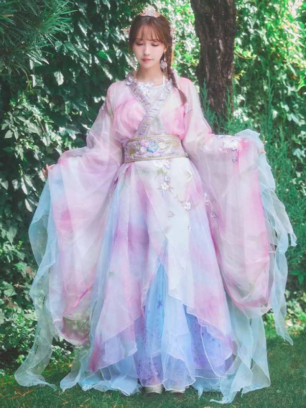 画像4: 【一部予約商品/8月下旬発送予定】【送料無料！】【ハロウィン】ピンク×ブルー花刺繍ロングシフォン漢服セット【コスプレ4点SET】【Fサイズ】[OF03]三上悠亜着用