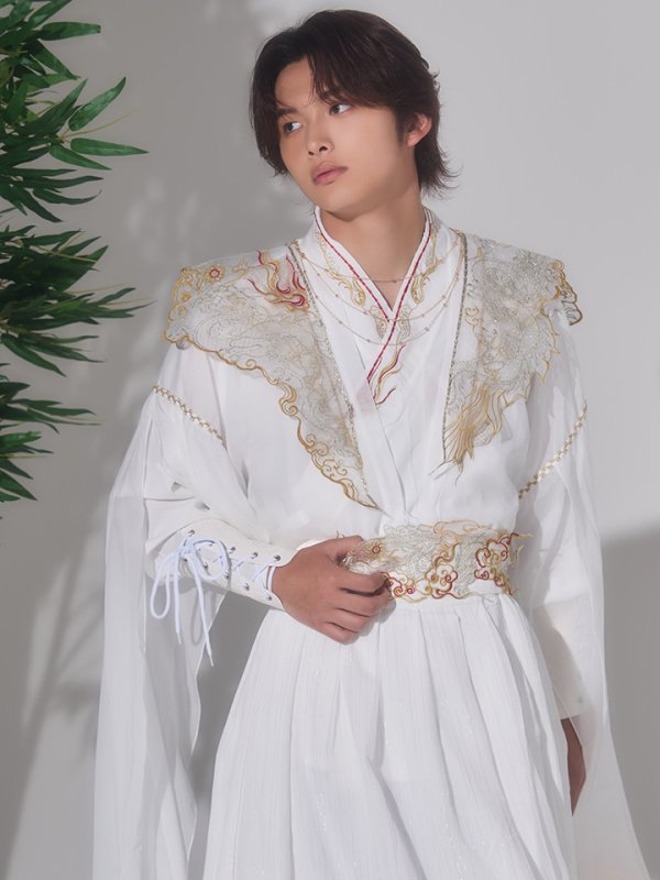 画像3: 【送料無料！】【ハロウィン】ホワイト×ゴールド刺繍ロング漢服【コスプレ6点SET】【Fサイズ】[OF03]今井暖大着用