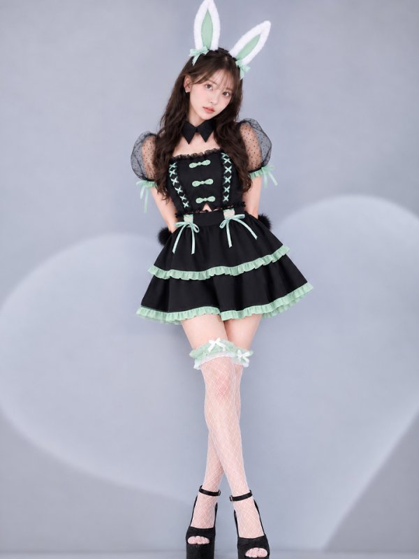 画像1: 【即日発送】【送料無料！】【ハロウィン】レースアップグリーンリボンバニーコスプレ【コスプレ7点SET】【Mサイズ】[OF04]