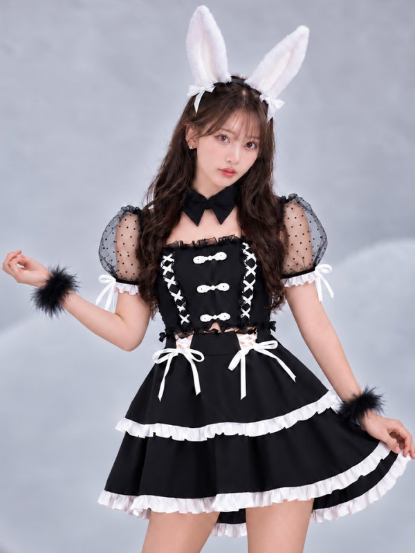 画像1: 【即日発送】【送料無料！】【ハロウィン】レースアップホワイトリボンバニーコスプレ【コスプレ7点SET】【Sサイズ】[OF04]