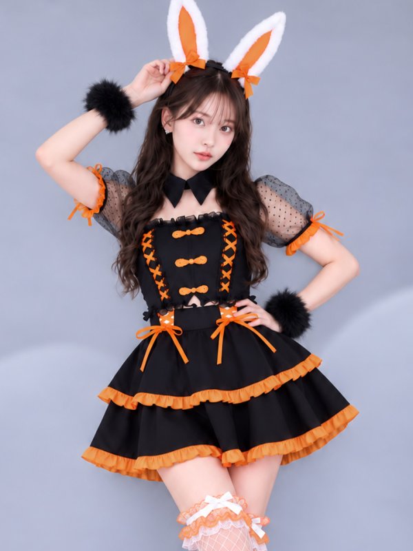 画像1: 【即日発送】【送料無料！】【ハロウィン】レースアップオレンジリボンバニーコスプレ【コスプレ7点SET】【Mサイズ】[OF04]