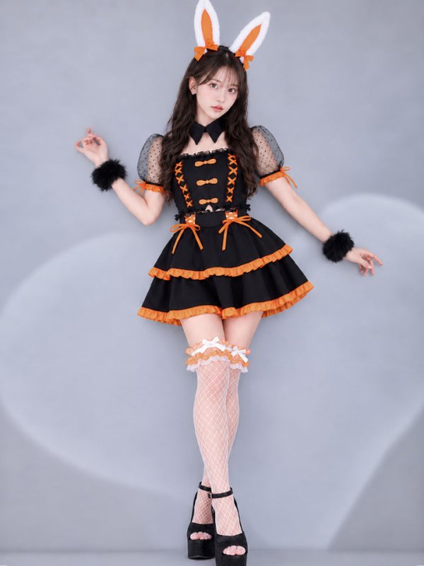 画像2: 【即日発送】【送料無料！】【ハロウィン】レースアップオレンジリボンバニーコスプレ【コスプレ7点SET】【Mサイズ】[OF04]
