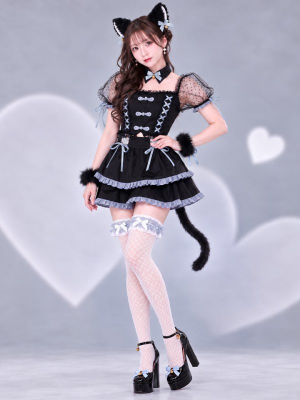 画像1: 【即日発送】【送料無料！】【ハロウィン】レースアップリボンキャットコスプレ【コスプレ6点SET】【Sサイズ/3カラー】[OF04]