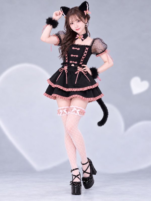 画像2: 【即日発送】【送料無料！】【ハロウィン】レースアップピンクリボンキャットコスプレ【コスプレ6点SET】【Sサイズ】[OF04]