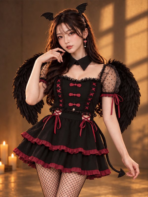 画像3: 【即日発送】【送料無料！】【ハロウィン】レースアップリボンデビルコスプレ【コスプレ6点SET】【S-Mサイズ/3カラー】[OF04]