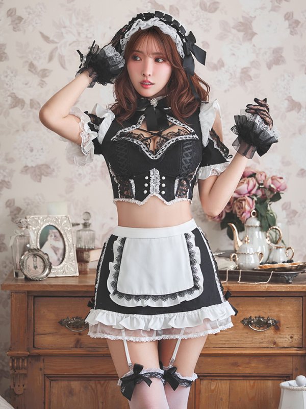 画像5: 【送料無料！】【ハロウィン】リボンヘッドレースアップゴシックメイドコスプレ【コスプレ5点SET】【XS-Lサイズ】【予約/10月上旬発送予定】[OF03]三上悠亜着用