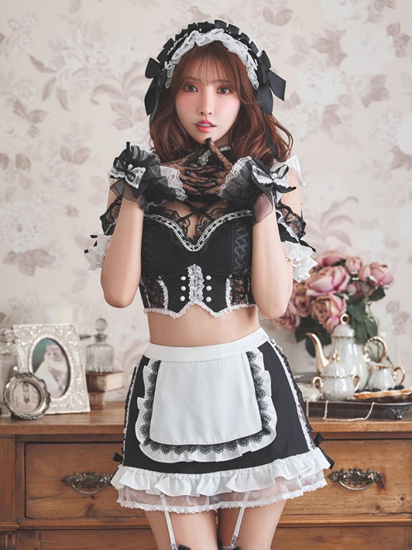 画像7: 【送料無料！】【ハロウィン】リボンヘッドレースアップゴシックメイドコスプレ【コスプレ5点SET】【XS-Lサイズ】【予約/10月上旬発送予定】[OF03]三上悠亜着用