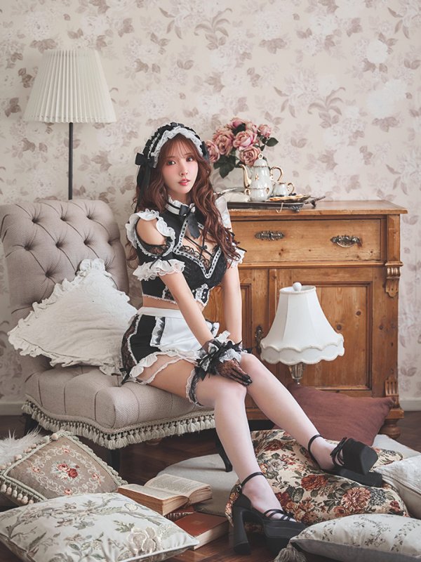 画像15: 【送料無料！】【ハロウィン】リボンヘッドレースアップゴシックメイドコスプレ【コスプレ5点SET】【XS-Lサイズ】【予約/10月上旬発送予定】[OF03]三上悠亜着用