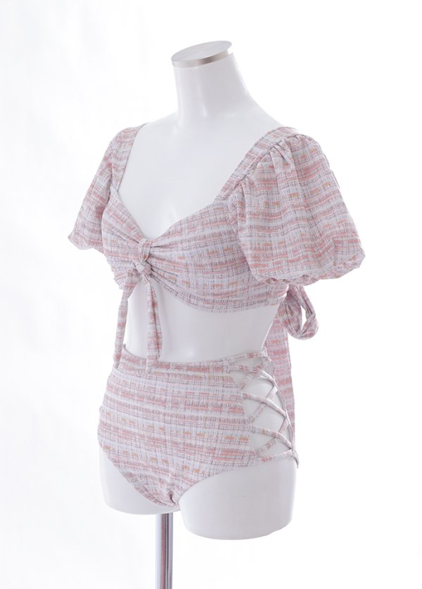 画像15: 【即日発送】【ビキニ】【水着】パフスリーブ 2way ツイードプリント ビキニ 2点セット[YMT]