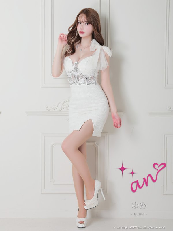 画像13: 【an /アン】ラメツイード/ ショルダーリボン/ 立体フラワー/ ビジュー/ 2way/ キャミソール/ スリットスカート/ タイト/ ミニドレス/ キャバドレス[OF05]