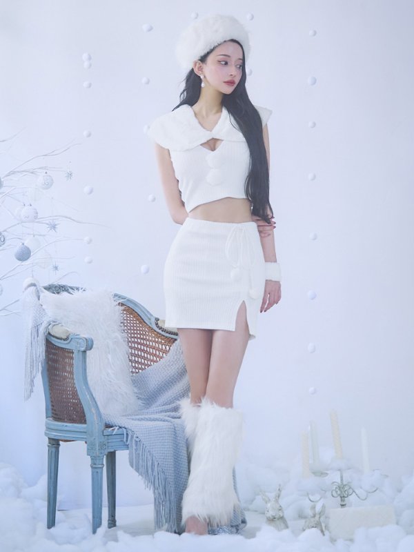 画像4: 【ノベルティ対象】【即日発送！】【サンタコス 5点セット】【XS-Lサイズ/1カラー】ファーティペット付きニットセットアップサンタコスプレ (SLG001) (SFB001) [YMT]