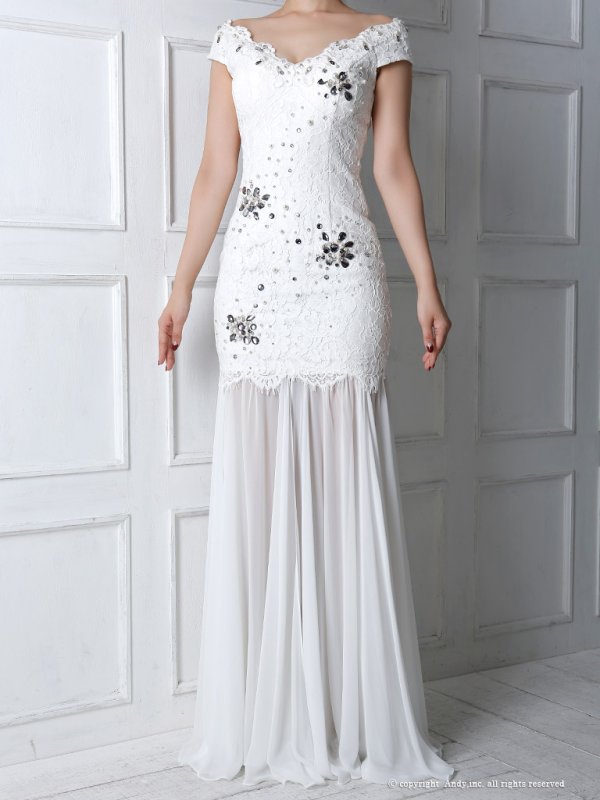 画像19: 【ANDY/アンディ】パールビジュー/シフォン切り替え/フラワーレース/ロング/キャバドレス long[OF05]
