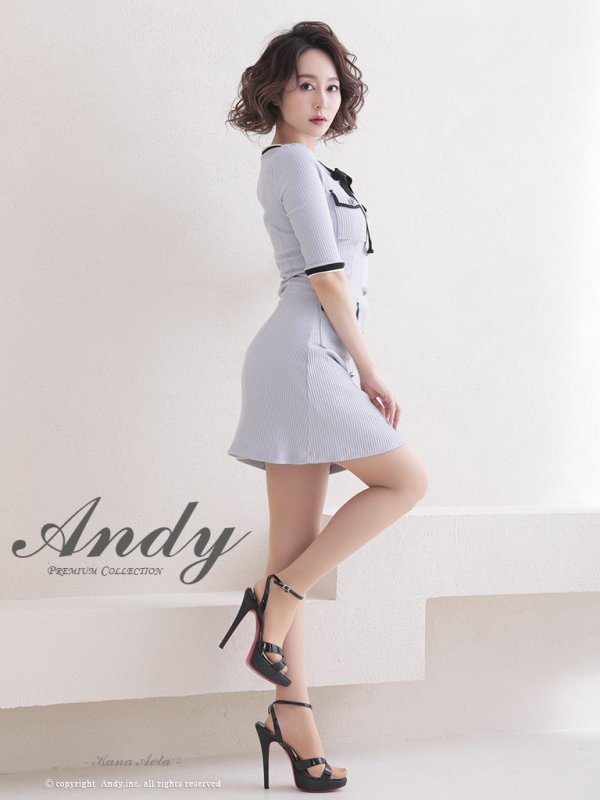 画像12: 【ANDY/アンディ】ネックリボン/ 五分袖/ 袖あり/ ストレッチリブ/ パイピング/ ボタン/ ワンピース/ Aライン/ ミニドレス/ キャバドレス[OF05]