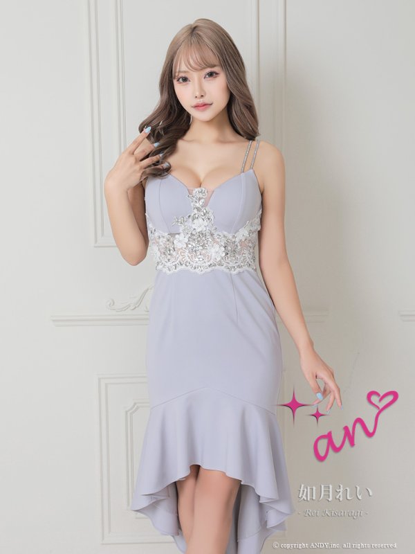 画像2: 【an/アン】 マーメイド/ 立体フラワー/ ビジュー/ フリル/ ダブルストラップ/ ストレッチ/ フィッシュテール/ ミディアムドレス/ キャバドレス[OF05]