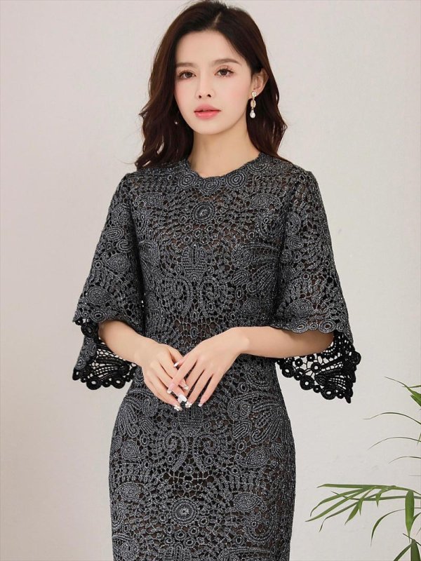 画像3: L-XLサイズあり【ERUKEI エルケイ】ケミカルレース/ ベルスリーブ/ 七分袖/ 長袖/ 袖あり/ ミディアム丈/ ワンピース/ タイト/ ミニドレス/ キャバドレス[OF2]